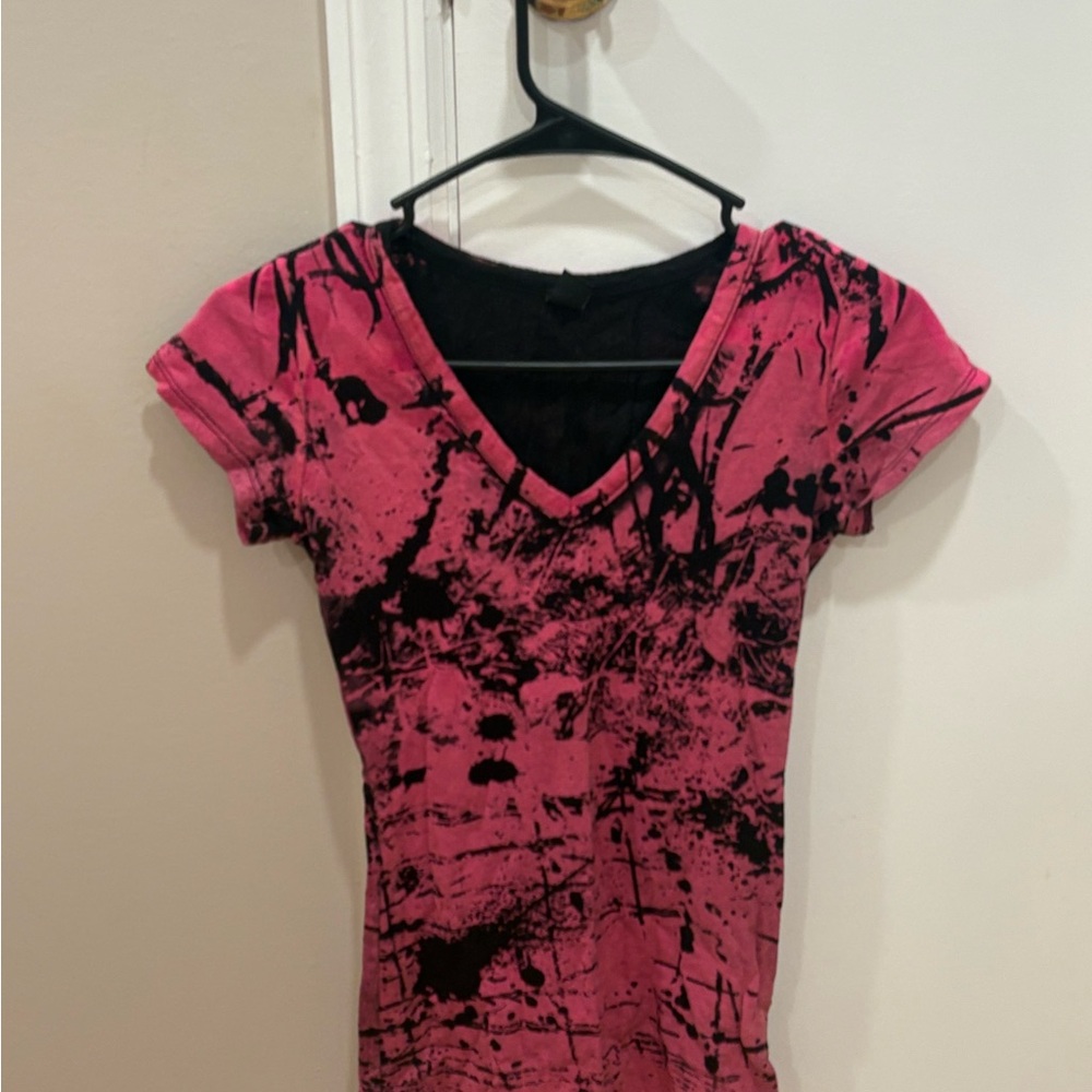 Pink and Black Women's V-Neck Top
